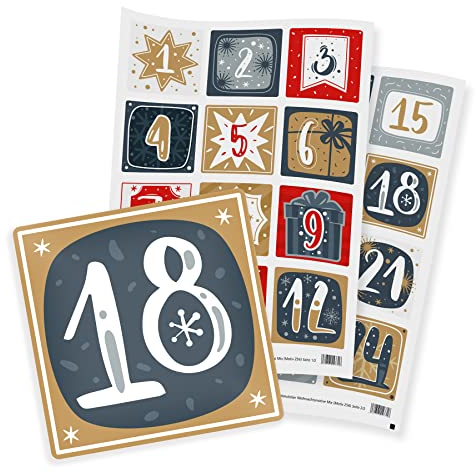 itenga 24x Adventskalenderzahlen groß 6cm eckig Sticker Aufkleber 1 bis 24 grau rot gold mit Weihnachtsmotiven