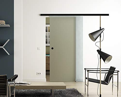 Glas-Schiebetür 650x2050 mm Vollsatiniert Sadora® Slimline-System komplett Laufschiene in Schwarz und Muschelgriffen Schiebetür aus Glas für Innenbereich