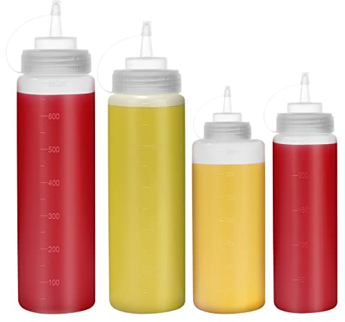 Happybase Lot de 4 bouteilles à presser avec bouchons, 236,8 g, 340,2 g, 453,6 g, 623,7 g en plastique avec mesures pour ketchup, barbecue, sauces, sirop, vinaigrettes