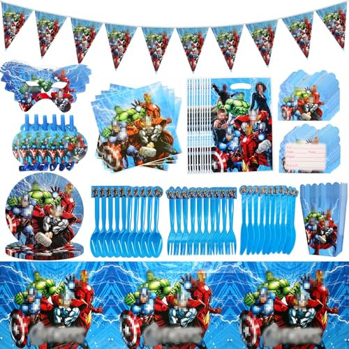 104 Teiliges Kindergeburtstag Geschirr Set,Geburtstag Tischdeko Junge,Einschließlich Servietten,Teller,Tischdecke,Wimpel,Maske,Geschenktasche,Partygeschirr Geburtstagsdeko