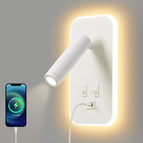 AWEKLIY LED Leselampe Wandlampe USB-Aufladung mit Schalter Verstellbarer Strahler Wandleselampe Bettlampe Nachtlicht Wandleuchte innen Leselicht Schwenkbar Schlafzimmer Hotels(3W 3100K +9W 6000K)Weiß