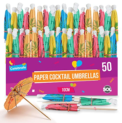 SOL 50pk Paper Cocktail Umbrellas - Assorted Colours for Drinks & Snacks - Durable Party Accessories for Hawaiian, Pool, Beach, Summer & Birthday Parties - Eye-Catching Designs for Drinks & Appetisers
