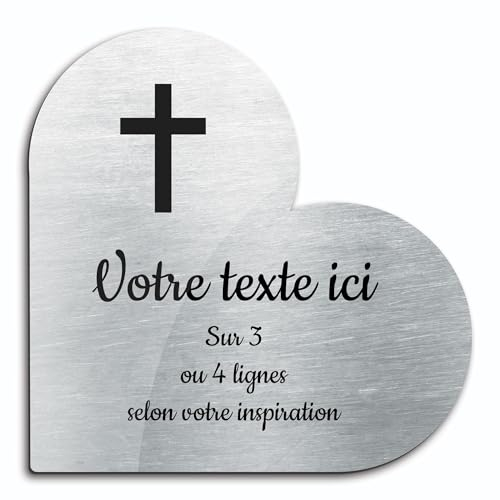 Placa grabada funeraria, diseño de cruz cristiana, autoadhesiva, modelo corazón (15 x 15 cm) personalizada de 1 a 3 líneas Alu cepillado