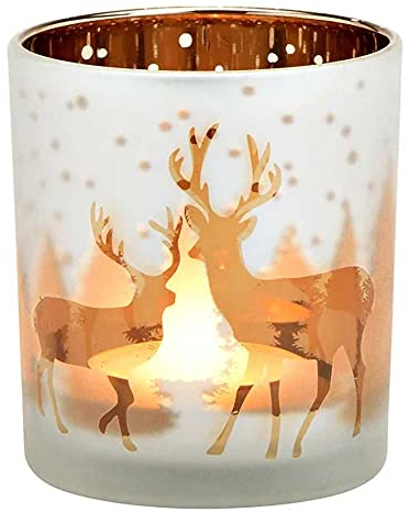 Windlicht Tannenbaum Glas | Teelichtglas Weihnachten Winter | Hirsch Teelichthalter (Hirsche weiß)