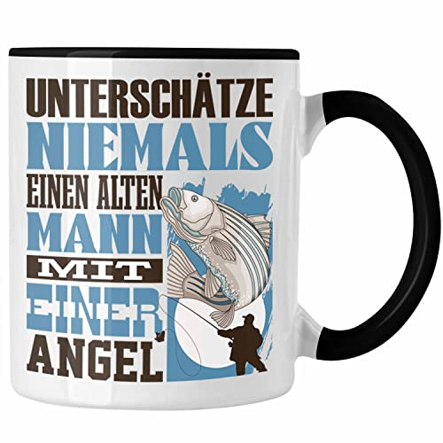 Trendation - Angel Tasse Geschenk für Angler Fischer Lustiger Spruch Unterschätze Niemals Alten Mann mit einer Angel (Schwarz)