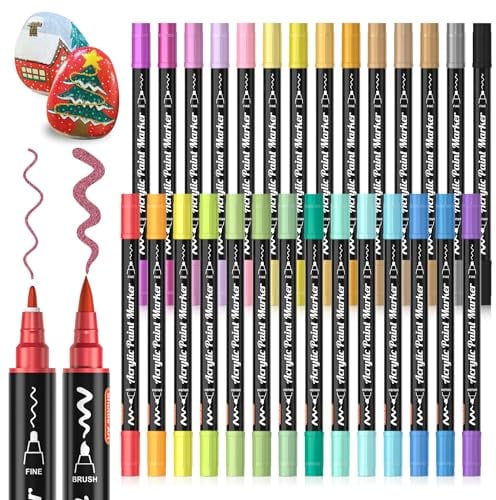 Shuttle Art Dual Tip Metallic Acrylic Paint Pens, 28 Colours Fine & Brush Paint Marker Pens, Paint Pens for Rock Painting, Ceramic, Wood, Fabric, Art Marker Pen Set for Kids Adults on Christmas Easter