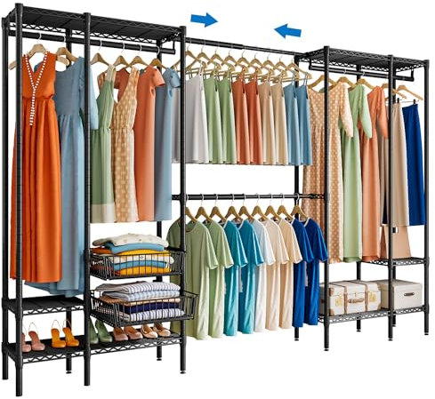 KZOBYD Extendable Clothes Rails, Coat Rails Coat Stand with Pull-out Baskets, Heavy Duty Clothing Garment Rack Freestanding Wardrobe Closet Organizer Clothing Rack with Adjustable Shelves(Black)