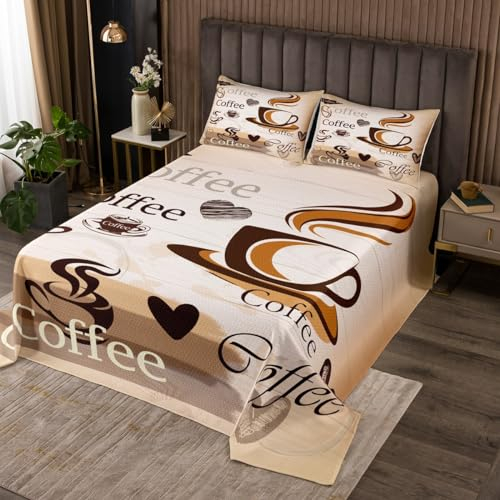 Kaffee Thema Tagesdecke M Größe,Kaffee Getränke Liebhaber Bettwäsche Set Kinder Mädchen Erwachsenenzimmer Dekor,Vintage Braun Altholz Tröster Set Cartoon Kaffee Quilt Coverlet,2 Kissenbezug