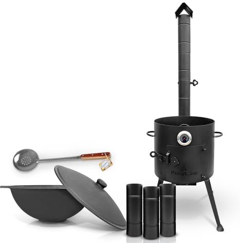Feuerofen Ø 36 сm Thermometer Schornsteinverlängerung 3 Stk x 25 cm Gusseisen Topf Kazan flacher Boden mit Deckel Ø 36,7 cm (10 L) Schaumlöffel 48 cm KazanoFF Kazan Gulaschkanone Dutch Oven (Set 2)