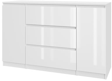 Mebligo - Kommode mit 3 Schubladen und 2 Schränken 120 cm Breit, Komodenschrank für Schlafzimmer, Kommode Wohnzimmer, Kinderzimmer, Jugendzimmer und Büro (B:120 x H:75 x T:40cm) - Weiß Hochglanz