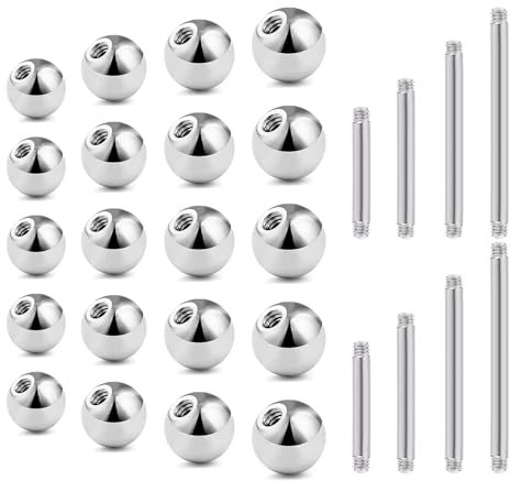 Gojewen 28pcs 14G Boules de Piercing Argent avec Barbell 3-6mm Boules de Remplacement pour Piercing Lèvre Langue Sourcils Ventre Bijoux