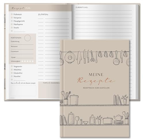 BIROYAL Kochbuch Selbst Schreiben, Rezeptbuch A5 Hardcover, Rezepte Buch Selbst Schreiben, DIY Kochbuch, Backbuch Schreiben | Meine Rezepte | Lieblingsrezepte Rezeptbuch zum ausfüllen, Beige