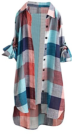 Womens Long Shirts Loose Cotton Linen Plaid Blouses Plus Size Lapel Neck Long Sleeve Checkered Tops Summer Button Down Longline Blouses Oversized Shirt for Ladies UK Low-High Hem