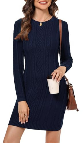 Aottori Winter Jumper Dress for Women UK Crew Neck Sweater Dress Long Sleeve Cable Knitted Jumpers Solid Bodycon Knitwear Pullover Navy M
