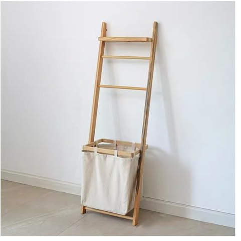 JDSHFEN Portasciugamani da Bagno in Legno Scala portabiancheria Sporco Appendiabiti da Parete Coperta Supporto per stendibiancheria e Cestino per Il Bagno，Brown-44x27.5x133cm