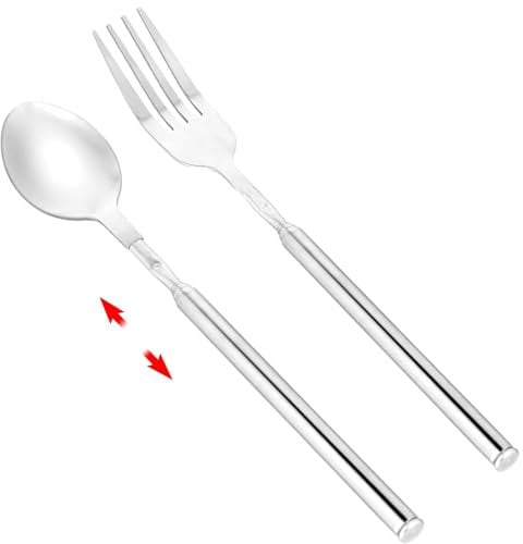 Buaak 2pcs Extending Cutlery, Extendable Spoon and Fork, Stainless Steel Extending Fork Spoon, Telescopic Fork, Fruit Tableware, Long Handled Fork and Spoon, Extends to 25.2, for BBQ, Party, Dinner