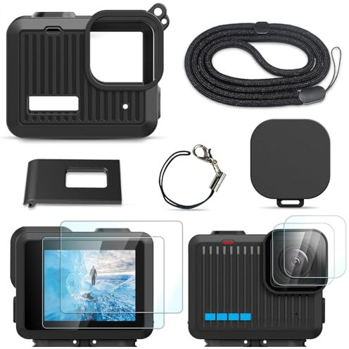FiTSTILL Silikon-Schutzset für Gopro Hero, direkt wiederaufladbare Batterie-Seitenabdeckung, Objektiv-Displayschutz, Objektivdeckel, verstellbares Trageband