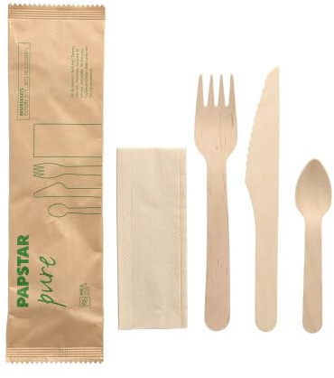 500 Bestecksets Holz pure : Messer, Gabel, Kaffeelöffel, Serviette in Papierbeutel