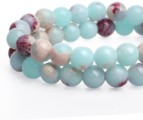 Piriuuo 47 Stück 8mm Naturstein Mehrfarbig Perlen, Runde Amazonit Perlen mit Loch Edelsteine Edelstein Perlen zum Auffädeln Perlen für Armbänder, Halsketten, Schmuckherstellung zum Selbermachen