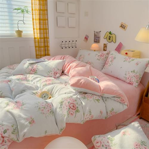 Morbuy Flannel Winter Duvet Cover, Velvet Quilt Cover Reversible Bedding Comforter Cover with Ties and Zipper Closure, Soft Fluffy Cosy Thermal Flannelette Duvet Covers (180x220cm,Rose Flower)
