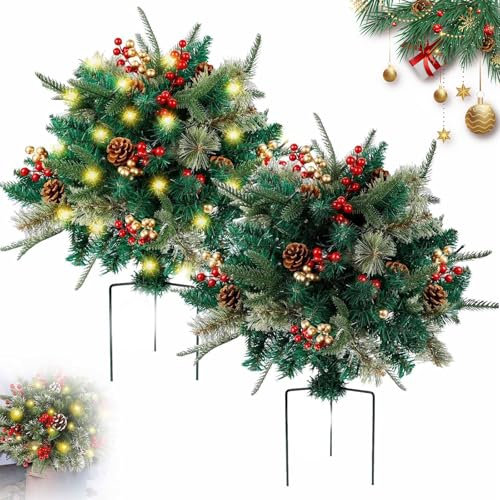 Holiday Planters, Faux Holiday Planters, 2pcs Faux Christmas Flowers For Outdoor Planters, Outdoor Holiday Planter Decor With Tripod Stake, Light Up Planter Filler