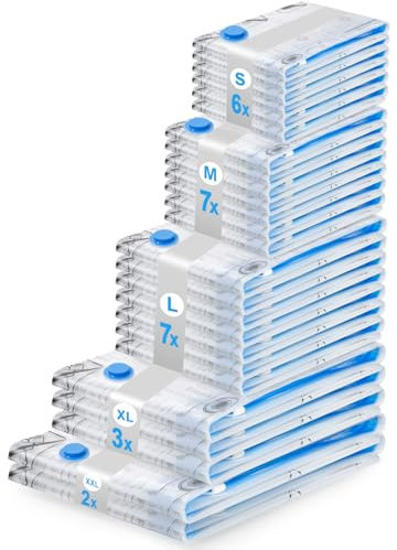 BoxLegend Vakuumbeutel für Kleidung 25 Stück, Vakuumierbeutel 2 Jumbo + 3 Extra Groß + 7 Groß + 7 Mittel + 6 Kleine, Kleiderbeutel Aufbewahrungsbeutel Vakuumbeutel für Bettdecken