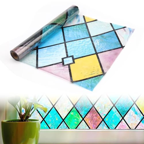YFaith Vinilo Ventana, 30 cm x 3 m, PVC Vinilo Cristal, Sin Pegamento, Vinilo para Ventanas, Rejilla de Diamantes de Colores, Vinilo Ventana Privacidad, para Baño, Dormitorio, Sala de Estar