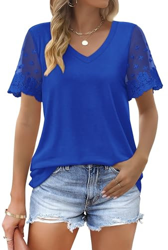 Aokosor Womens Tshirt-Summer V Neck Tops Ladies Lace Short Sleeve Loose Tee Blue Size 18-20