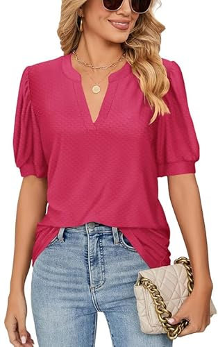 Ritiriko V-Ausschnitt Dot Sommer Damen T-Shirt Mode Blase Ärmel Damen Tops Elegante solide Farbe Bluse Rose rot M
