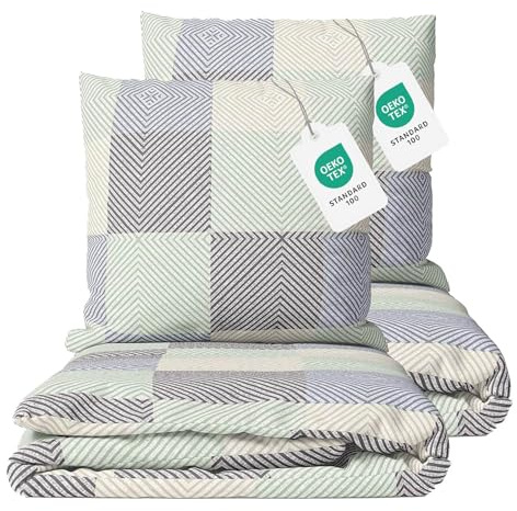 Class Home Collection Bettwäsche 135x200 cm - 4-teiliges Renforce Bettwäsche-Set aus Baumwolle mit Reißverschluss, Quadro Design in Grün, für Einzel- und Doppelbetten