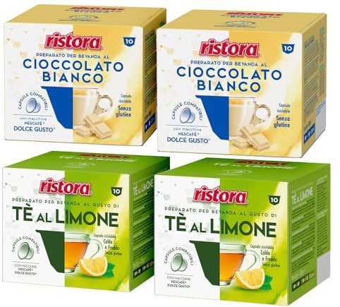 Set 80 Capsule Ristora Compatibili con le Macchine ad uso domestico Nescafè®* Dolce Gusto®* 40 Cioccolato bianco 40 The al limone