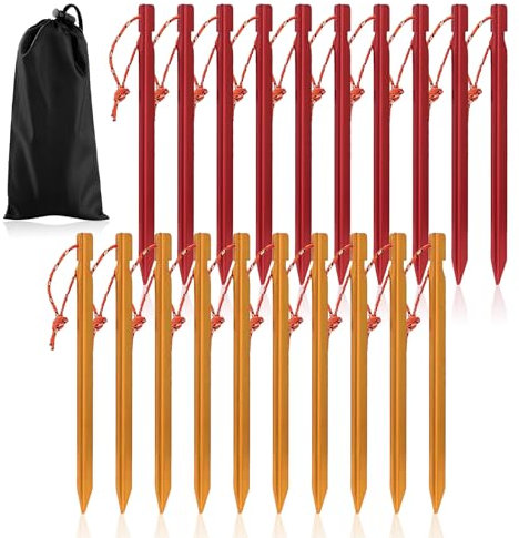 UICCVOKK 20 Stück Zeltheringe, 18cm/7 Zeltheringe Sturmsicher, Sandheringe, Aluminium Heringes,Heringe Camping Ultralight Heavy Duty, Winddichte und verstärkte Bodennägel mit Seil (Rot+Gold)