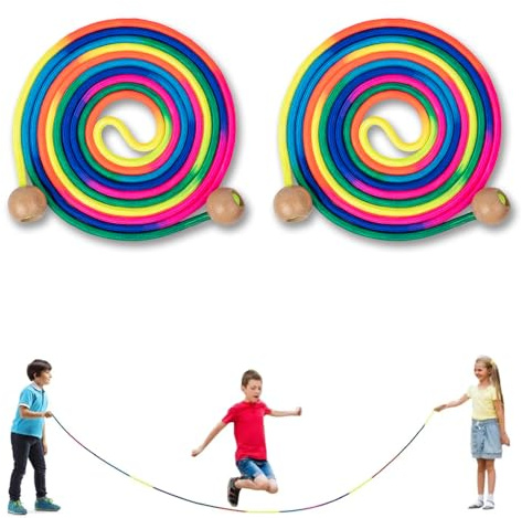 2 Stück Springseil Kinder, Verstellbares Springen Seil mit Holzgriff und Regenbogen-Springseil, Skipping Rope Kids für Fettverbrennung & springen Übung & Fitness
