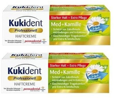 Kukident Professionell Haftcreme Med + Kamille - Haftmittel für Zahnprothesen - Starker Halt, extra Zahnfleisch-Schutz - 2 x 40 g