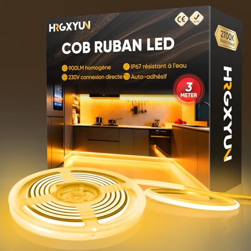 HRGXYUN 230V COB LED Streifen Aussen, 240 LEDs IP67 Wasserdicht Selbstklebend, Bande LED 900LM Ohne Trafo Flexible Kürzbar für Zimmer und Außen Dekoration Beleuchtung, 2700K Warmweiß, 3m