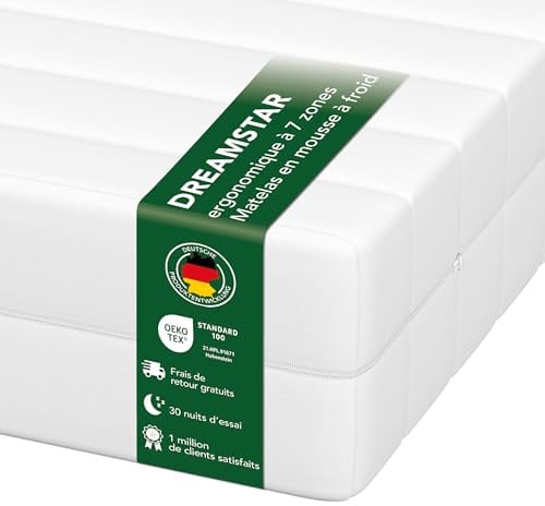 DREAMSTAR Easy Flex Matelas 7 zones 180x200 cm | H2 & H3 | Matelas ergonomique en mousse froide | Hypoallergénique & Antibactérien | Housse amovible et lavable | Oeko-TEX® | (21 cm, 180 x 200 cm)