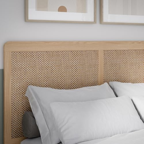 Forte CALASETTA Bettkopfteil 160, Boho-Kopfteil mit Rattangeflecht, Holzwerkstoff, Elegancia Eiche Holzdekor | Technorattan, 160,2 cm breit x 120 cm hoch x 2,2 cm tief