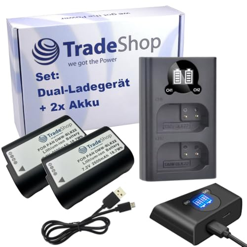 3in1 Set: 2X Akku + Micro-USB Typ-C Doppel Akku Dual LCD Schnell-Ladegerät für 2 Akkus kompatibel mit Panasonic DMW-BLK22 BLK22E BLK22GK DMW-BTC15E