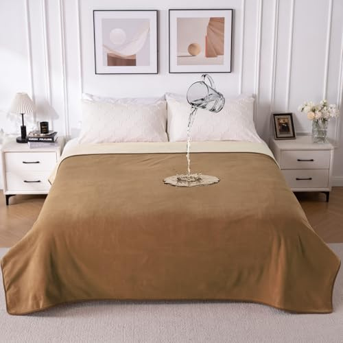 QIYI Large Reversible Waterproof Blanket for Bed, 203x229cm, Brown/Tan | Leakproof Fleece Throw Blanket, Stain Resistant Water Resistant Bed Cover, Washable Furniture Protector for Camping