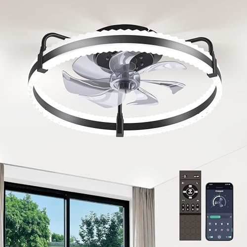 Ventilador de techo con luces de 20 pulgadas, luz LED regulable, 3000-6000 K, ventilador de techo negro moderno, montaje empotrado, motor de corriente continua