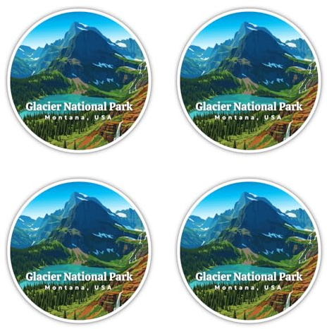 Aufkleber: 75 mm, 4 Stück - Glacier National Park Montana USA großer Reise Sticker rund