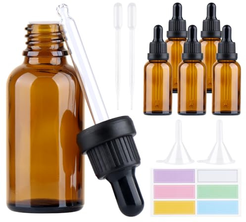 iulrtba 6 Stück Pipettenflasche 50ml Braunglasflasche | Apothekerflasche Braunglas mit 2 Pipette 2 Trichter 6 Etiket, Pipette Bottles für Ätherische Öle Parfümöle Flüssigfarbstoffe