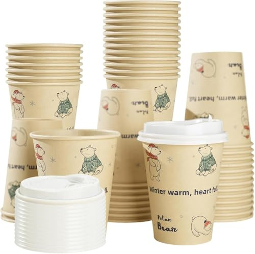 Cherypick Coffee Cups with Lids 12 oz/360 ml, 25 Pack Disposable Paper Cups | Leak-Resistant Takeaway Cups for Hot and Cold Drinks, Coffee, Tea, Office, Home and Parties (Polar Bear)