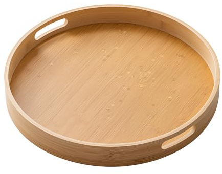 Round Serving Tray, Wooden Tray with Handles, 40 * 40 * 5cm, Tea Tray for Bread, Fruit, Coffee, Milk