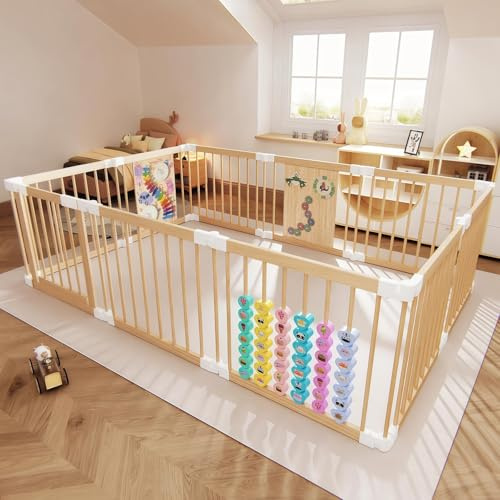 Laufstall Baby aus Holz mit Spielzeug, Faltbares Laufgitter 145×216×61 cm | Laufstall Baby mit Tür & Sicherheitsverschluss, individuell formbarer Krabbelgitter & Absperrgitter aus robustem Holz