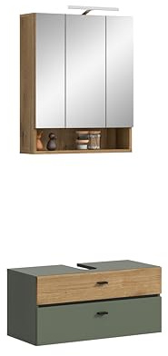 xonox.home – Badkombination inkl. Beleuchtung Aqua 75x191x35 cm in Sage Green & Evoke Oak – 2-teiliges Set mit beleuchtetem Spiegel – Kompakter Komfort, stilvoll inszeniert & einfach zu reinigen