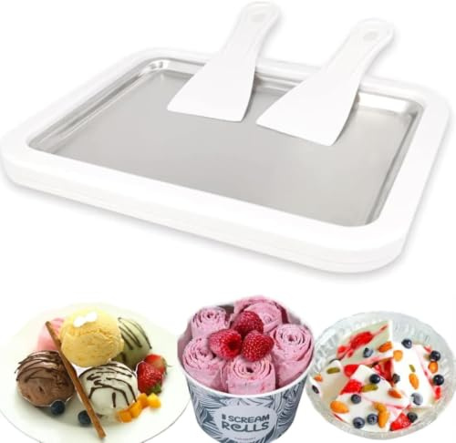 Aiyraa Ice Cream Roller Maker Pan, Rolled Ice Cream Maker, DIY Ice Cream Roller Pan with 2 Scrapers, Icecream Maker Machine for Home, Manual Operation for Sorbet, Frozen Yogurt, Gelato(White)