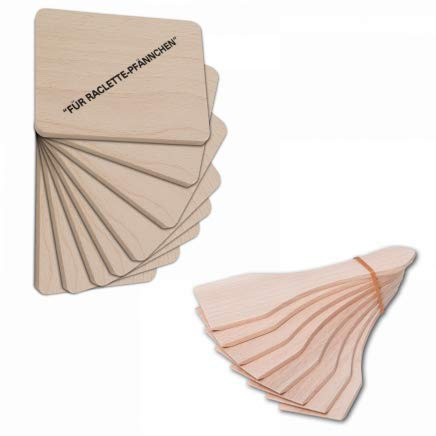 HOFMEISTER® Raclette Zubehör Set Holz, 16-teilig - 8 Schaber und 8 Untersetzer mit Aufdruck, aus Buche, schont Pfännchen und schützt den Tisch, Handarbeit