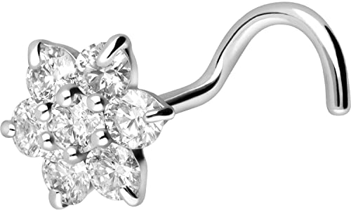PIERCINGLINE 750er GOLD Nasenpiercing Spirale 18 KARAT BLUME mit KRISTALL Piercing Nase Stecker Weißgold