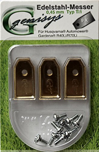 Genisys 9 Titan Ersatz Messer Klingen kompatibel für Husqvarna Automower ® / Gardena Mähroboter (0,45 mm) + Schrauben